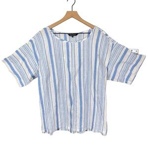 Wild Child Top 16 Vertical Stripe Linen Blend Short Sleeve Waist Tie Back Shirt